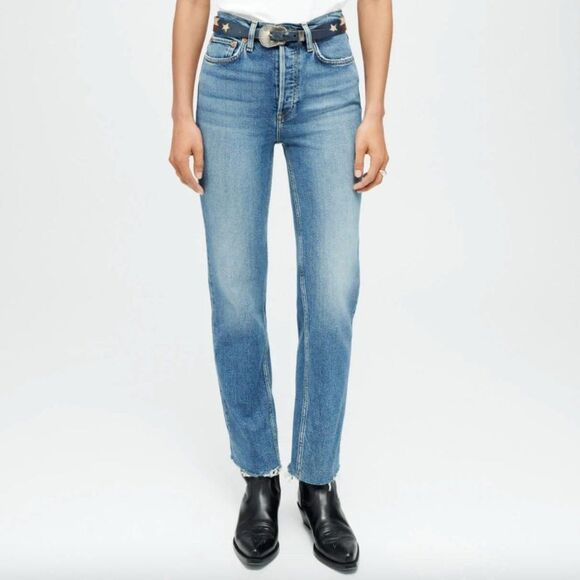 Re/Done Denim - RE/DONE High Rise 70s Stove Pipe Button Fly Raw Hem Denim Jeans Size 26